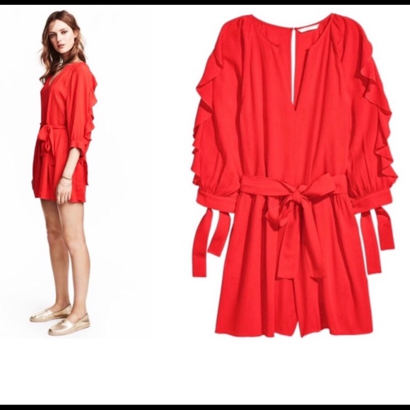H&M red ruffle  sleeve shorts romper size 6 - Picture 1 of 10